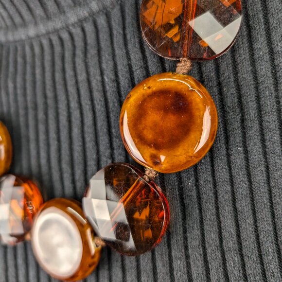 Bold Amber-Tone Statement Necklace Resin Ceramic Beads Ribbon Tie Boho 70s glam - Picture 4 of 5